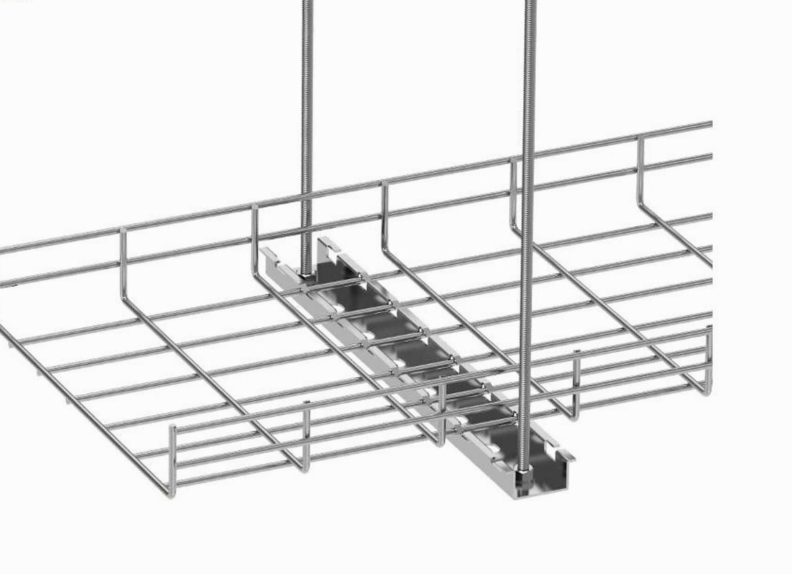 Wire mesh cable tray suspended on threaded rods with strut channel